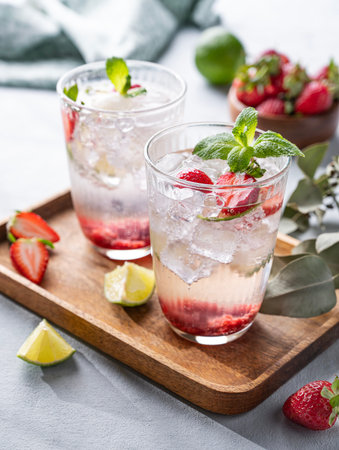 Fresh strawberry mojito in a glass with berries, lime, mint and ice in a wooden plate  on a light background close up. The concept of a summer refreshing drink for a party.の写真素材