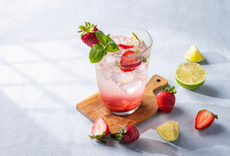 Fresh strawberry mojito in a glass with berries, lime, mint and ice on a light background with shadow. The concept of a summer refreshing drink for a party. Free space for text.の写真素材