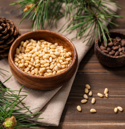 Pine nuts (cedar) in a bowl and a handful of unpeeled nuts on a brown wooden background with a branch of pine needles close up. Healthy diet snack.の写真素材