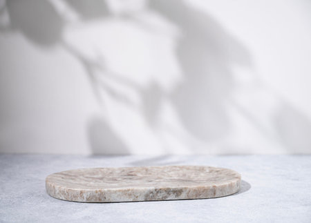Marble oval board with shadow of plants on a light blue background for product demonstration. Trendy neutral aesthetic layout template for beauty and cosmetics scene with free space for  text.の写真素材