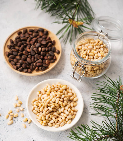 Pine nuts in a white plate and a jar on a light texture background with branches of pine needles close up. The concept of a natural, organic and healthy superfood and snack.の写真素材