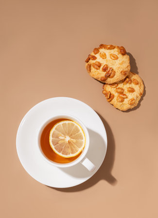 A cup of tea with lemon and homemade cookies on a brown background. Healthy and cozy drink concept. Top view and copy space.の写真素材
