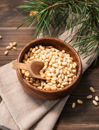 Pine nuts in a bowl  on a dark wooden background with branches of pine needles close up. The concept of a natural, organic and healthy superfood and snack.の写真素材