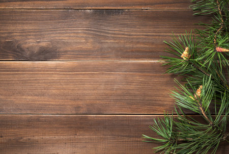 Flat lay of pine branches. Coniferous tree decoration on a brown wooden background. Festive new year concept or product mockup. Top view and copy space.の写真素材