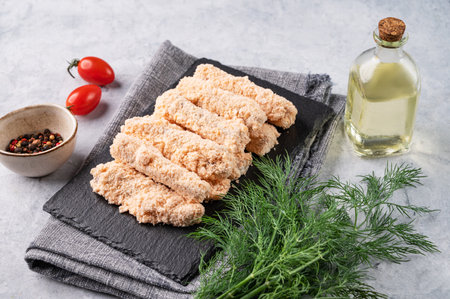 Fish fillet sticks, raw, not fried on a slate board with parsley on a light background with  tomato and spices. Diet and healthy food.の写真素材