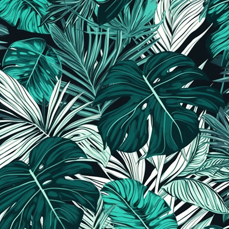 Green and white leaf monstera and palm pattern background. Generated AI. Illustration for design, poster or print.の素材
