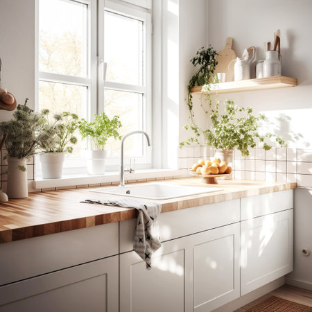 Wooden tabletop with free space for product montage or mockup against blurred white kitchen with cutting board and plant in scandinavian style in morning light. Generated AI.の素材