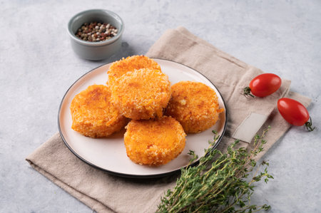 Fried vegetarian cutlets from carrot, on a plate on a light background with fresh herbs and tomatoes. Delicious homemade vegan diet food.の写真素材