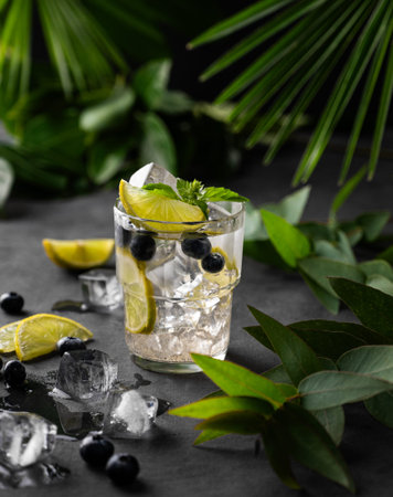 Mojito or lemonade with lime and blueberry, ice and mint in a glass on a dark background with palm...