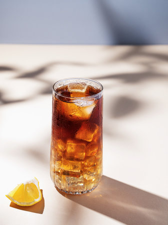 Long Island iced tea cocktail with hard liquor with rum, cola, lemon and ice on yellow background with shadow. The concept of a refreshing summer bar drink. Free space for text.の写真素材
