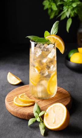 Lemonade drink with fresh lemon, mint and ice. Refreshing citrus mojito cocktail on a wooden board on a dark background. Homemade healthy and detox drink concept. Front view.の写真素材