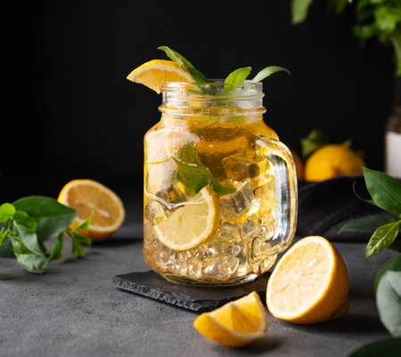 Lemonade drink with fresh lemon, mint and ice in a jar. Refreshing citrus mojito cocktail or cold tea on a dark background. Homemade healthy and detox drink concept. Front view.の写真素材