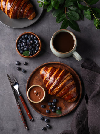 Freshly baked chocolate croissants with blueberries on a wooden plate on a dark background with a cup of black coffee. The concept of a delicious homemade breakfast in rustic style. Top view.の写真素材
