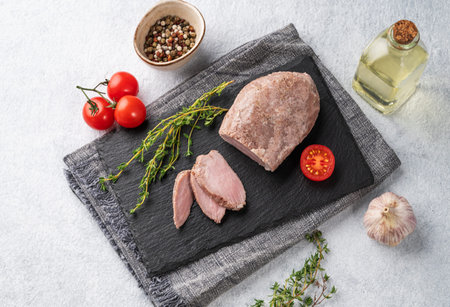 Baked turkey breast cut into pieces on a black slate board on a light background with fresh tomatoes and herbs. Healthy diet food concept. Top view.の写真素材
