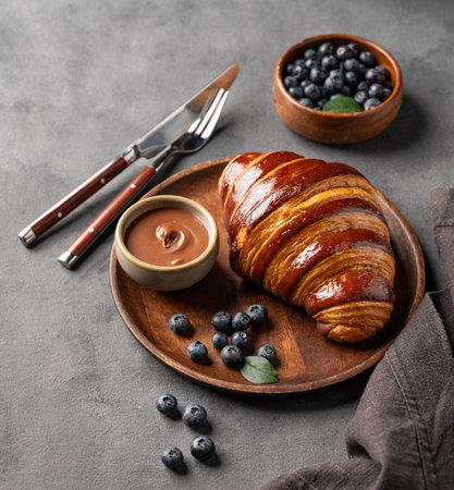 Freshly baked chocolate croissant with blueberries on a wooden plate on a dark background. The concept of a delicious homemade breakfast in rustic style.の写真素材