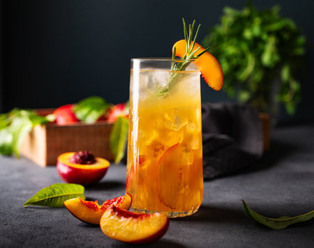Peach tea with ice and rosemary on a tall glass. Vegan homemade healthy  drink on a dark background with fresh fruits close up. Rustic style. Front view.の写真素材