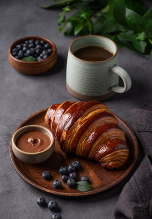 Freshly baked chocolate croissant with blueberries on a wooden plate on a dark background with a cup of black coffee close up. The concept of a delicious homemade breakfast in rustic style.の写真素材