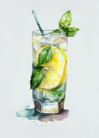 Lemonade drink with fresh lemon, mint and ice. Generative AI. Refreshing citrus mojito cocktail on a light background. Watercolor paint. Front view.の素材
