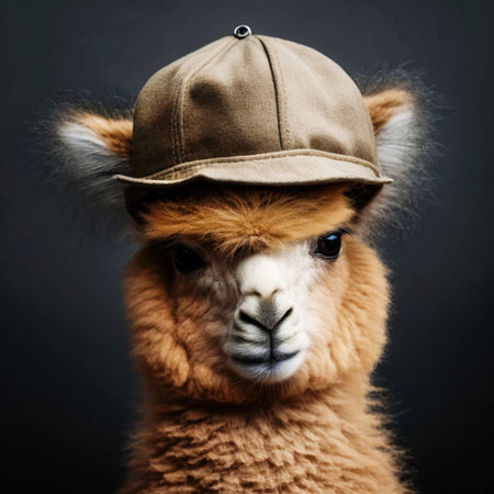 Alpaca lama in a hat on a dark background. Generative AI.の素材
