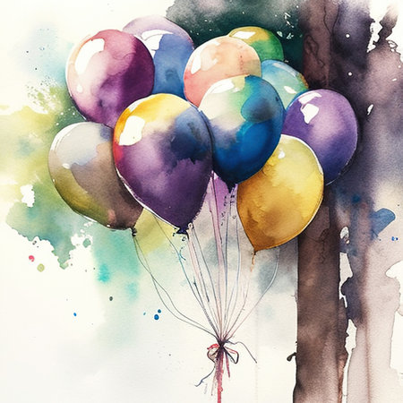 A bunch of colorful air balloons on light background. Drawing in a watercolor style. Generated AI.の素材