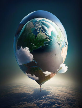 Planet earth in the form of a hot air balloon against the blue sky. Generated AI.の素材