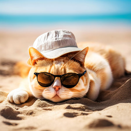 A beautiful red cat in a cap and sunglasses lies on a sandy beach on the seashore on a summer sunny day. Holiday concept with animals. Generative AI.の素材