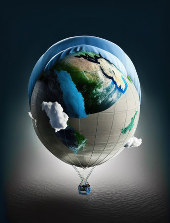 Planet earth in the form of a hot air balloon against the blue sky. Generated AI.の素材