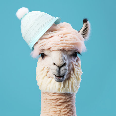 Cute alpaca lama wearing a hat on a blue isolated background. Generative AI.の素材