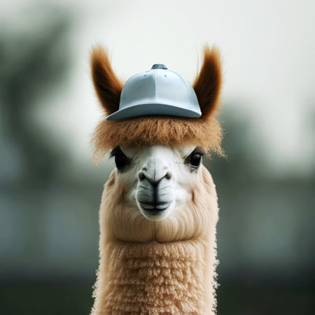 Cute alpaca llama in a blue hat on a nature background. Generative AI.の素材