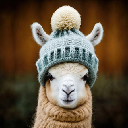 Cute alpaca lama in a blue hat on a brown background. Generative AI.の素材