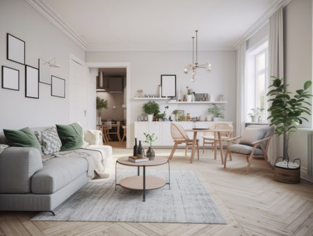 Scandinavian living room interior in light colors with a sofa, table, empty frames on the wall, home plants and a large bright window. The concept of modern and cozy home design. Generative AI.の素材
