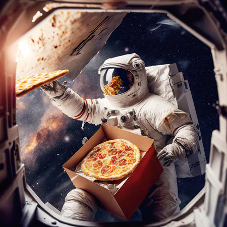 An astronaut courier delivers pizza in space. Delivery service from the future. Generated AI.の素材