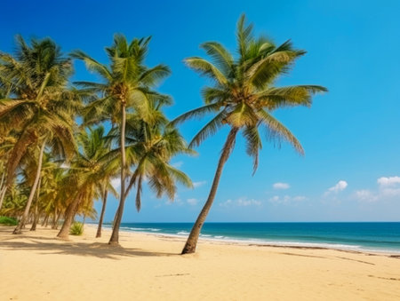 Panoramic view of a sandy beach with palm trees and blue sea or ocean on a summer sunny day. Generated AI.の素材