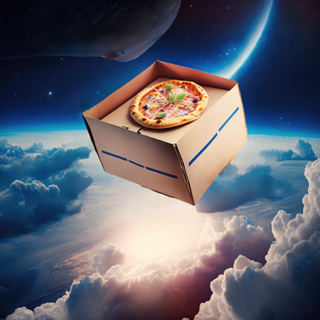 A box of pizza flies in space. Delivery service from the future. Generated AI.の素材