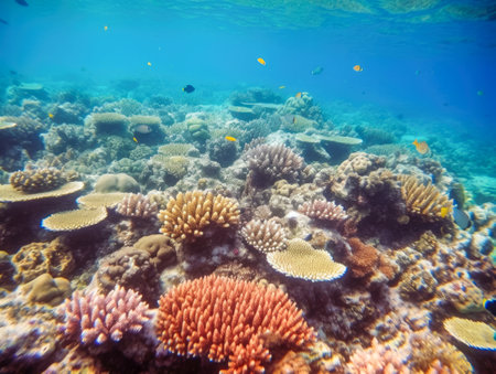 View of a beautiful underwater world with a variety of tropical fish and coral reefs. Generated AI. Exploring the marine ecosystem.の素材