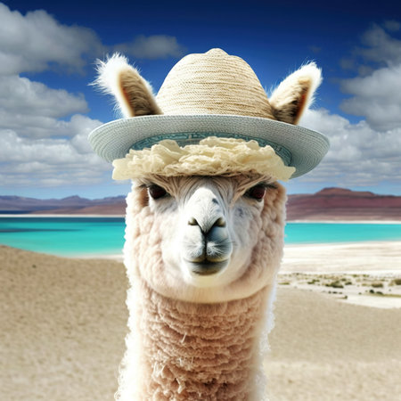 Cute alpaca lama in a straw hat against the background of the blue sea. Generative AI.の素材