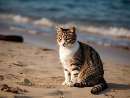 A beautiful gray and white cat sits on a sandy beach on the seashore on a summer sunny day. Holiday concept with animals. Generative AI.の素材