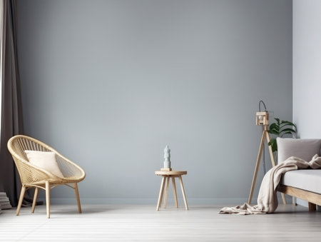 Scandinavian living room interior in light colors with a sofa, lamp, chair and empty wall. The concept of modern and cozy home design. Generative AI.の素材