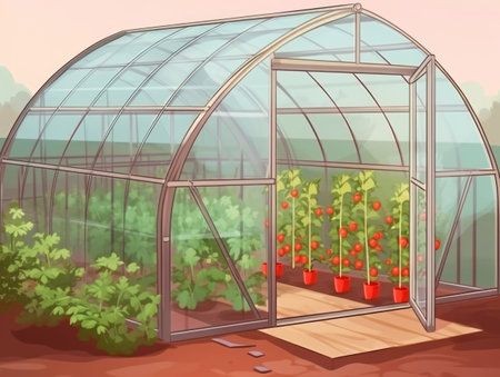 Greenhouse with growing tomatoes and cucumbers and herbs. Generated AI. Illustration. The concept of gardening, healthy homemade food and eco products.の素材