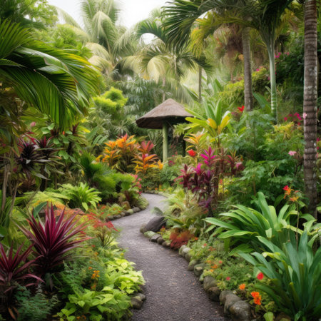 Tropical garden with palm trees, tropical plants and flowers and path. Generated AI. Exotic green background or wallpaper concept with jungle and tropical forest.の素材