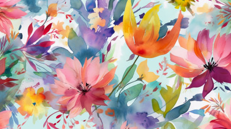 Pattern of multicolored flowers on a white background in a watercolor style in pastel colors. Generated AI. Illustration for design, postcard or print. Top view, flat lay.の素材