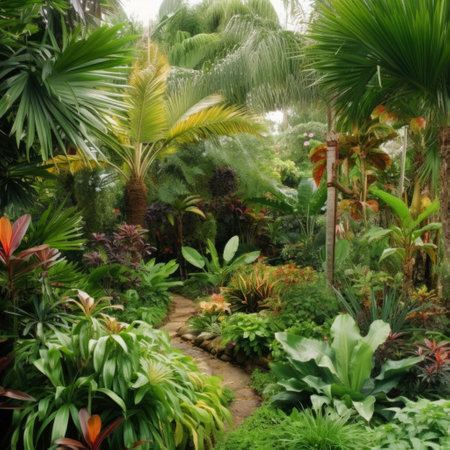 Tropical garden with palm trees, tropical plants and flowers and path. Generated AI. Exotic green background or wallpaper concept with jungle and tropical forest.の素材