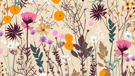 Wildflowers and leaf pattern on a yellow background in watercolor style. Generated AI. Illustration for design, postcard or print. Flat lay, top view.の素材