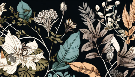 Leaf and flowers pattern on a black background at pastel colors generated AI. Illustration for design, postcard or print. Generative AI.の素材