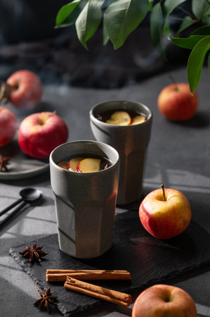 Homemade apple punch or cider with apples and cinnamon in gray cups on a dark background with fresh fruits, spices and shadows. The concept of an autumn or winter healthy hot drink.の写真素材