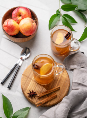 Homemade apple cider with apples and cinnamon in glasses on a light background with fresh fruits, spices and branch. The concept of an autumn healthy drink.  Top view.の写真素材