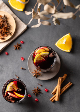 Mulled wine with orange, apple and cinnamon in glasses on a dark background. The concept of a traditional winter hot drink with spices and fruits for the holiday. Top view.の写真素材