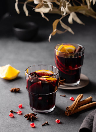 Mulled wine with orange, apple, pomegranate and cinnamon in glasses on a dark background. The concept of a traditional winter hot drink with spices and fruits for the holiday.の写真素材