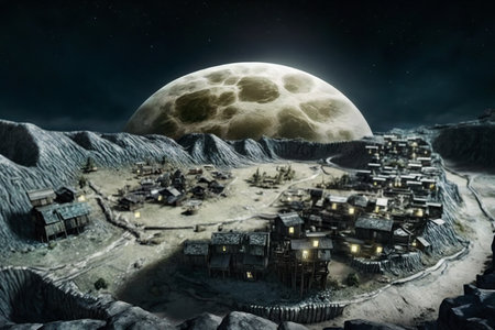 Life on the space. Old wooden houses on the surface of the moon. Extraterrestrial life. Fictional illustrations of the future. Generated AI.の素材