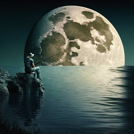 A man sits on rocks on the bank of a river in space and fishes. The concept for the development of life, tourism and recreation on the moon. Generated AI. Fictional illustration of the future.の素材